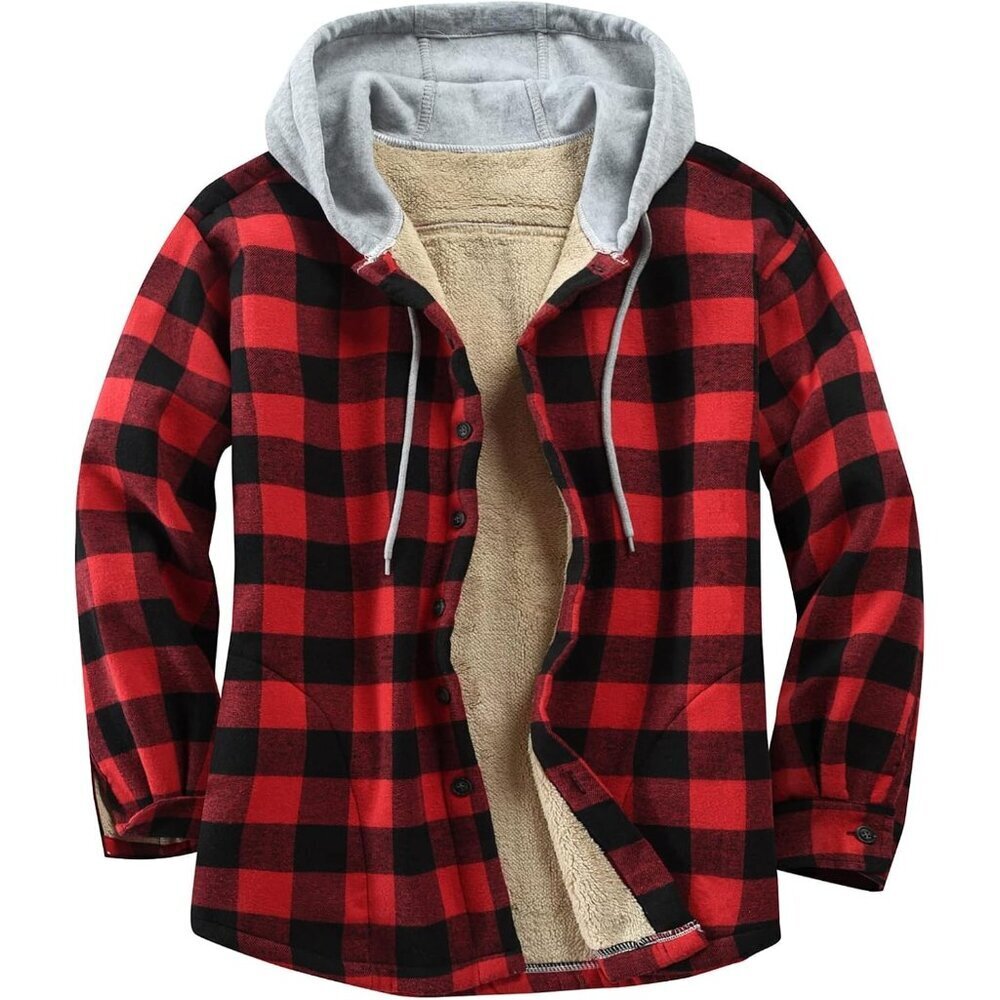 Men's Red Black Cotton Plaid Fleece Lined Flannel Shirts Button Down Jackets
